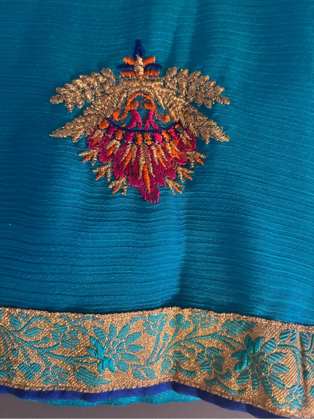 Turquoise Blue Embroidered Women's Saree with Gold Accent - Picture 4 of 5